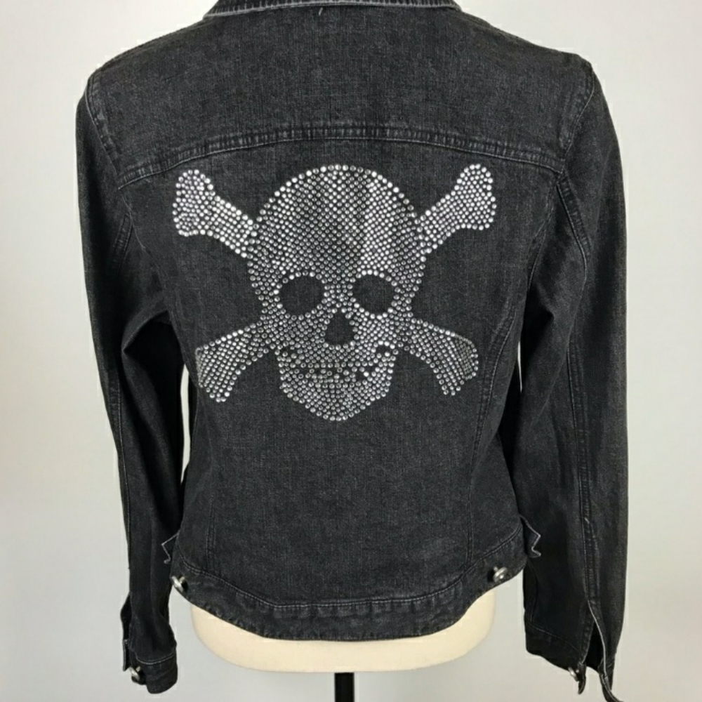 I.N.C. Rhinestone Embellished Skull & Crossbones Black Denim Jacket